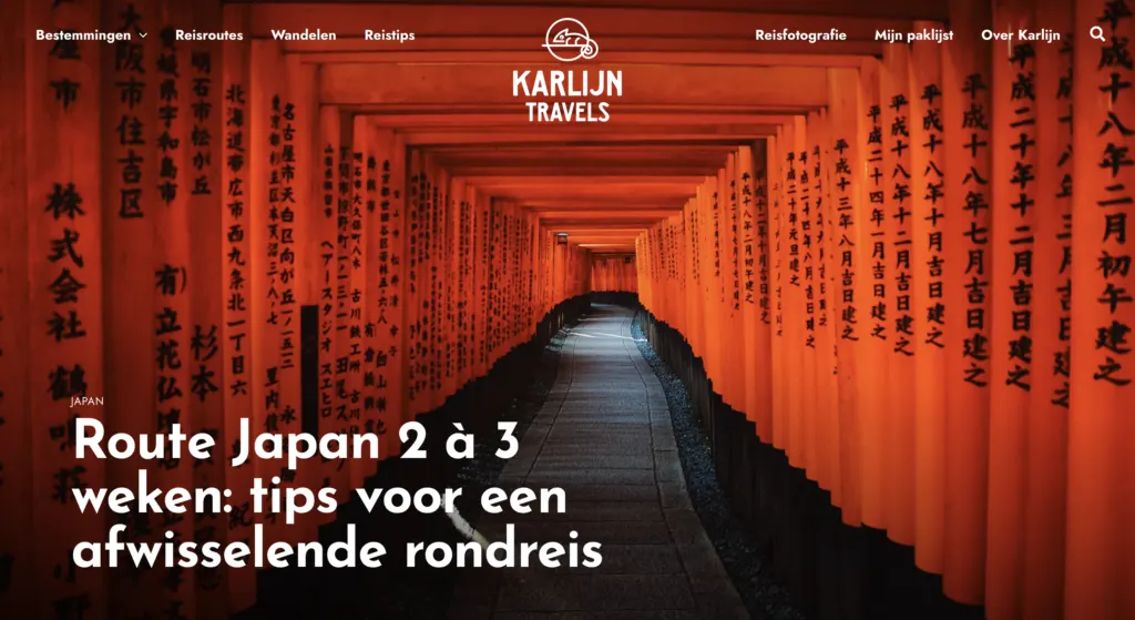 A picture of the website of Karlijn Travels; the #1 best Japan blog to follow in 2025, according to Wakoku.