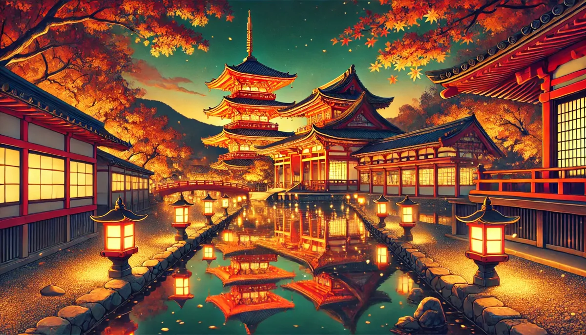 A lantern-lit street in Kyoto at dusk